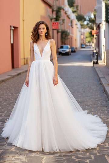 Ivory A Line V Neck Tulle Long Wedding Dress